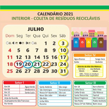 Calendário da Coleta de Lixo no interior mês de Julho  