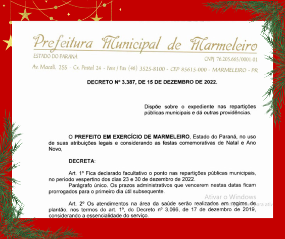 Expediente Reduzido Para as Festividades de Ano Novo e Natal - Prefeitura  de Marmeleiro - PR