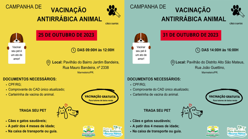 Campanha de Vacinação Antirrábica nos dias 25 e 31 de outubro.