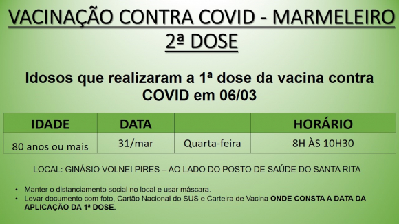 Aviso: 2ª Dose da Vacina Contra o COVID-19 aos Idosos com 80 ou mais