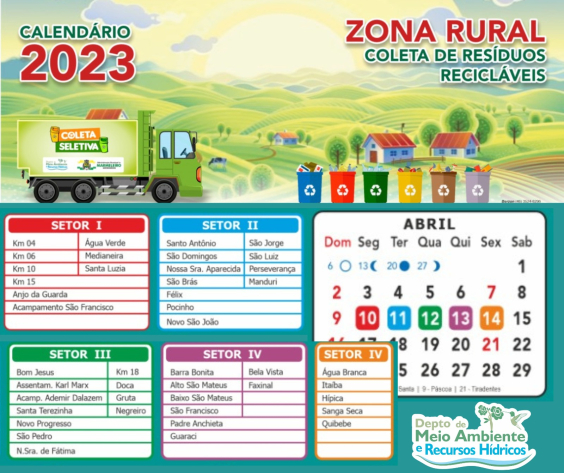 Cronograma de Coleta de Materiais Recicláveis na Zona Rural do mês de Abril